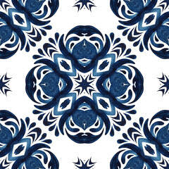 Seamless pattern handdrawn watercolor ornament blue and white with floral elements