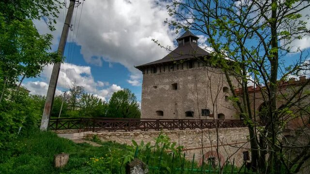 Medzhibozh, Ukraine - may 24 2021: medieval Castle in the territory of the Fort, fortification timelapse hyperlapse