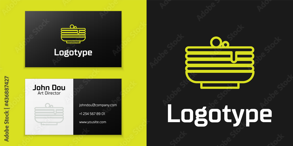 Poster logotype line stack of pancakes icon isolated on black background. baking with syrup and cherry. bre