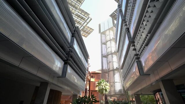 Arabian-style streets with solar-powered rooftops and natural ventilation. Masdar City Abu Dhabi UAE 