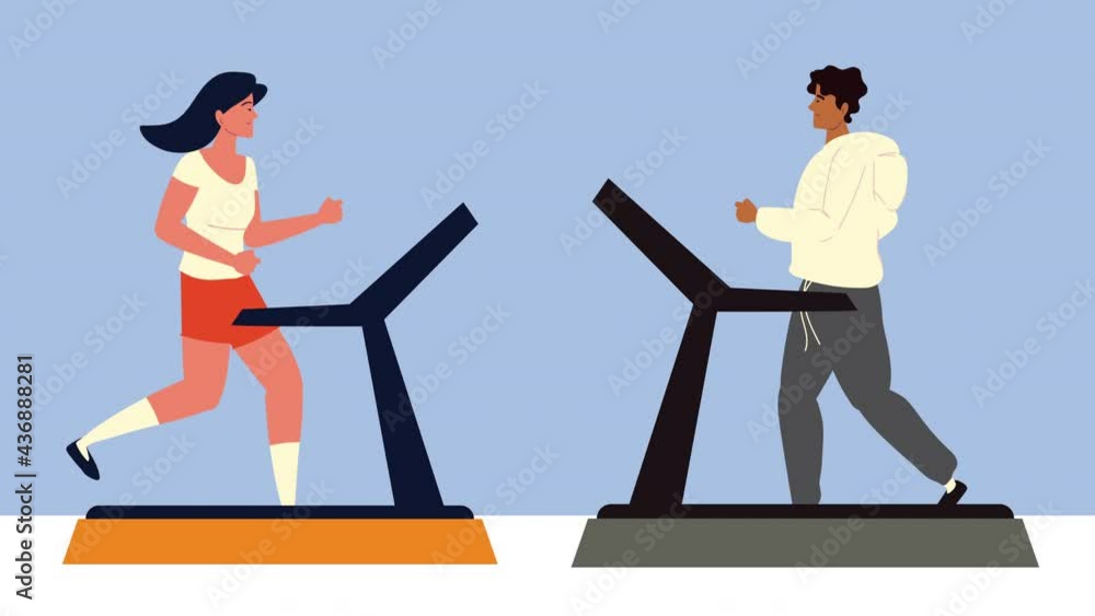 Poster couple practicing exercise in walking machines characters