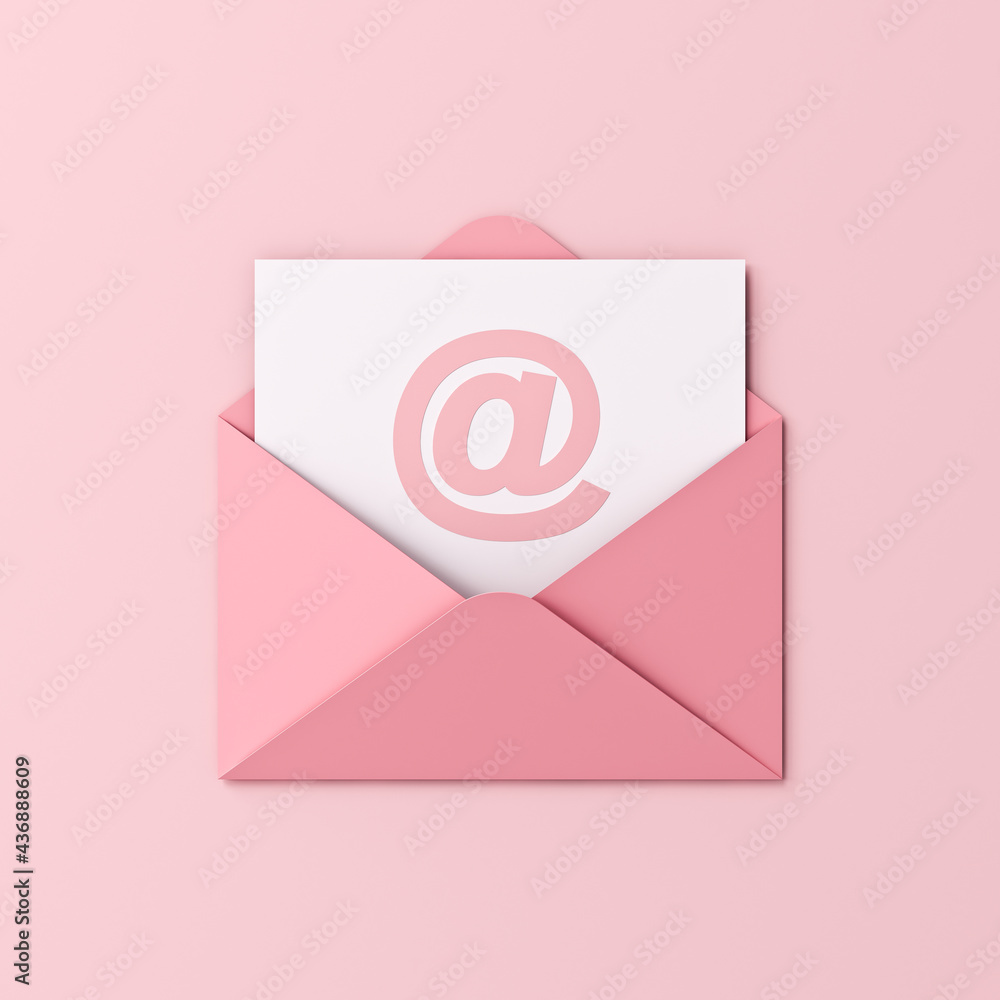 Poster Sweet pink pastel color email or e-mail at sign in envelope isolated on light pink background with shadow minimal conceptual 3D rendering