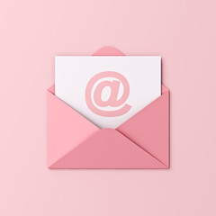 Sweet pink pastel color email or e-mail at sign in envelope isolated on light pink background with shadow minimal conceptual 3D rendering