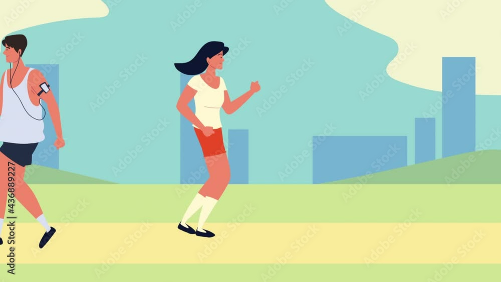 Poster couple practicing exercise running in the camp characters