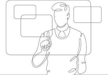 One continuous line.Programmer designer works with virtual screens. Information technology.One continuous drawing line logo isolated minimal illustration. © derplan13