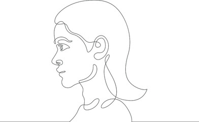 One continuous line.Young woman face profile portrait.Silhouette contour girl.One continuous drawing line logo isolated minimal illustration.