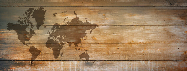 World map on old wooden wall background. Horizontal banner