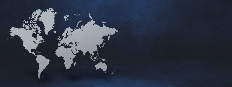 Fototapeta World map on black wall background. 3D illustration. Horizontal banner