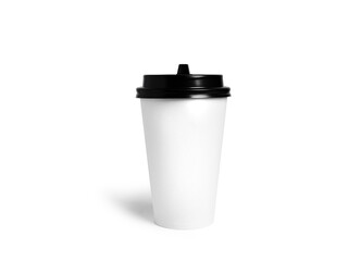 White disposable cup with a black lid isolated on a white background. Paper cup. Coffee cup. Takeaway coffee.