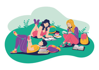 Students study outdoors. People read books. Preparation for exams. Back to school. Vector illustration isolated, set of characters, concept, poster, banner, post for social media