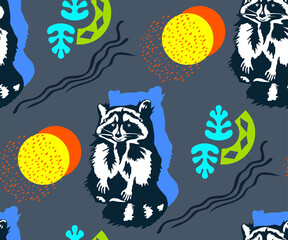 Vector background hand drawn racoon. Hand drawn ink illustration. Modern ornamental decorative background. Print for textile, cloth, wallpaper, scrapbooking - 436891004