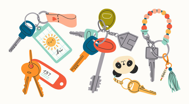 Set of various Keys with different Keychains. Keyholders and keyrings collection. Modern keys with pendants. Hand drawn Vector illustration. Home rental, property, real estate concept