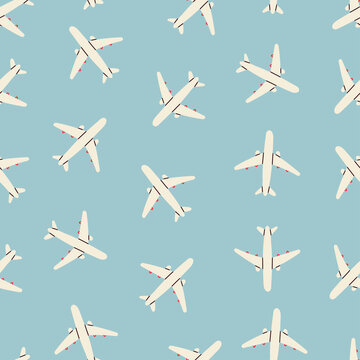 White planes in the blue sky. Top view. Hand drawn colored Vector illustration. Cartoon style. Square seamless Pattern. Background, wallpaer template. For your own design. Wrapping, textile concept