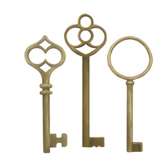 Isolated images of realistic bronze vintage keys.  Hand-drawn antique keys, isolated on white