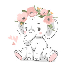 Schattige babyolifant met krans van roze bloemen vectorillustratie.