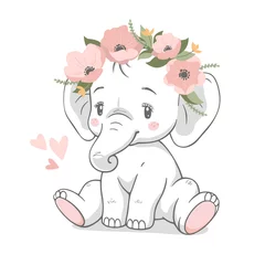 Fotobehang Schattige dieren Schattige babyolifant met krans van roze bloemen vectorillustratie.