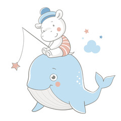 Vector illustration of a cute baby hippopotamus with a fishing rod, sitting on a blue whale.