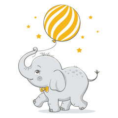 Vector hand drawn illustration of a cute baby elephant, walking with yellow balloon.