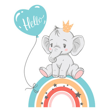 Vector illustration of a cute baby elephant with crown and balloon, sitting on the rainbow.