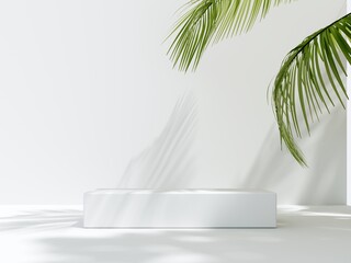 3D render podium, showcase on light white background with shadows in green tropical leaves of plants. Abstract natural,organic background for advertising products, spa body care, relaxation, health.