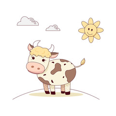 Cow is standing in the meadow, vector illustration isolated on white background Cartoon style for childish design. Farm animal in the background of the landscape