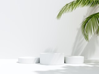 3D render podium, showcase on light white background with shadows in green tropical leaves of plants. Abstract natural,organic background for advertising products, spa body care, relaxation, health.