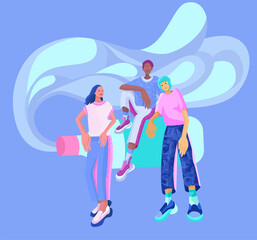 Three girls of different nationalities who stand near a large bottle of water