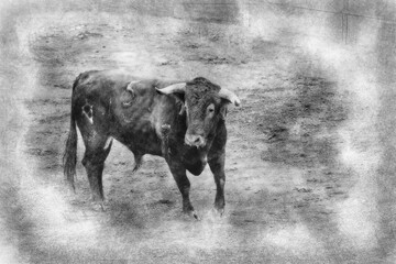 Spanish and Dangerous bull in the bullring hand drawing effect with pencils