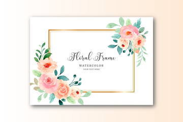 Watercolor pink rose background with golden frame