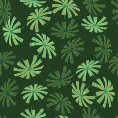 Green olive colors seamless pattern with hand drawn doodle palm licuala silhouettes. Random print.