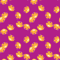 Bloom seamless floral pattern with bright yellow childish flowers ornament. Pink background.