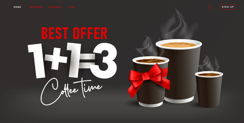 Coffee time web promo banner with paper cups take away and one free, paper sticky letters typography