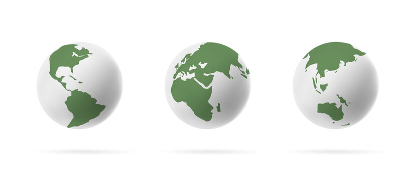 Set of Earth globe 3d icons isolated on light background, stylized white and green colors graphic