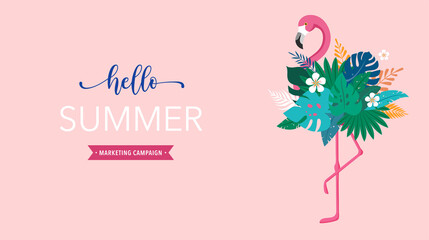 Summer background and concept design, Pink flamingo with jungle exotic leaves and parrot. Hello summer background and banner © Marina Zlochin