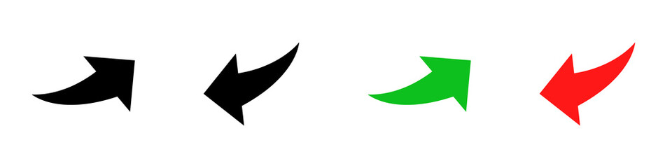 Conjunto de iconos de flecha curva hacia arriba y abajo, estilo silueta negro, verde y rojo. Ilustración vectorial