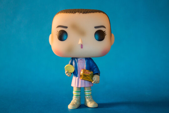 Rio de Janeiro, Brazil. September 30, 2018. Illustrative editorial of Funko Pop action figure of Eleven with eggos waffles, fictional character from the Netflix series Stranger Things.