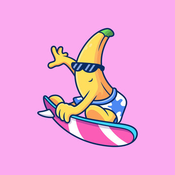 Cool Banana Surfing Cartoon. Fruit Summer Vector Icon Illustration, Isolated on Premium Vector