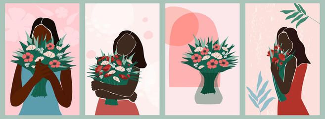 Set young attractive dark-skinned woman in a summer dress with a bouquet of flowers in her hand covers her face with them, flowers in a vase. Contemporary minimalistic abstract art portrait. Vector. 