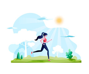 Young woman in sportswear running in the public park.Active healthy lifestyle concept-Vector illustration isolated on white background. 