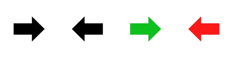 Conjunto de iconos de flecha simple hacia arriba y abajo, estilo silueta negro, verde y rojo. Ilustración vectorial