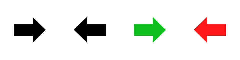 Fototapeta premium Conjunto de iconos de flecha simple hacia arriba y abajo, estilo silueta negro, verde y rojo. Ilustración vectorial