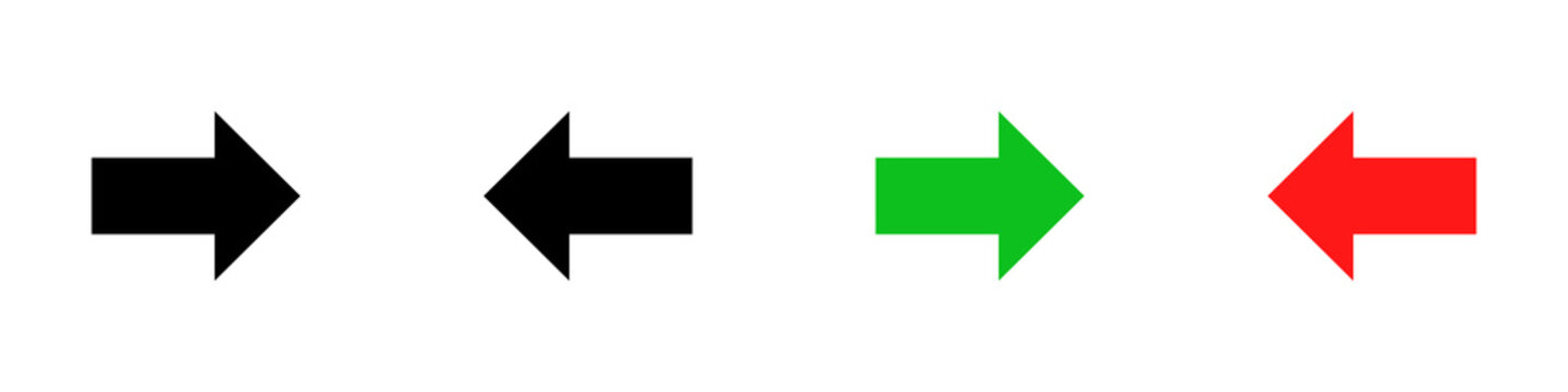 Conjunto de iconos de flecha simple hacia arriba y abajo, estilo silueta negro, verde y rojo. Ilustraci&oacute;n vectorial
