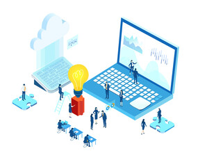 Isometric 3D business environment. Business management infographic. Isometric working space, business people working together in server room around laptop