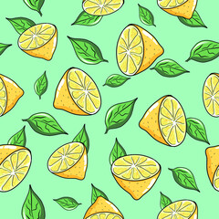 Fresh lemons and leaves vector seamless pattern. Pink background. Fabric textile prints Wallpaper Banner and Card Template. Half lemons pattern. Citrus Fruit Seamless Pattern. Multiple uses. 