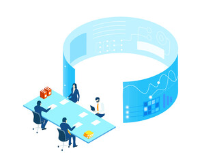 Fototapeta na wymiar Isometric 3D business environment. Business management infographic. Isometric working space, business people working together in server room, generating fresh content and new ideas, success