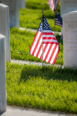 Military Headstones and Gravestones Decorated With Flags for Memorial Day