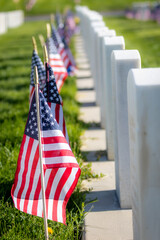 Military Headstones and Gravestones Decorated With Flags for Memorial Day