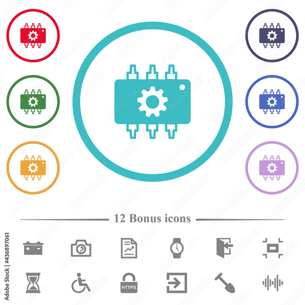 Poster hardware settings flat color icons in circle shape outlines