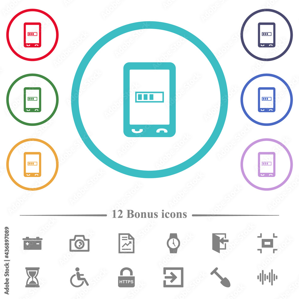 Poster mobile processing flat color icons in circle shape outlines