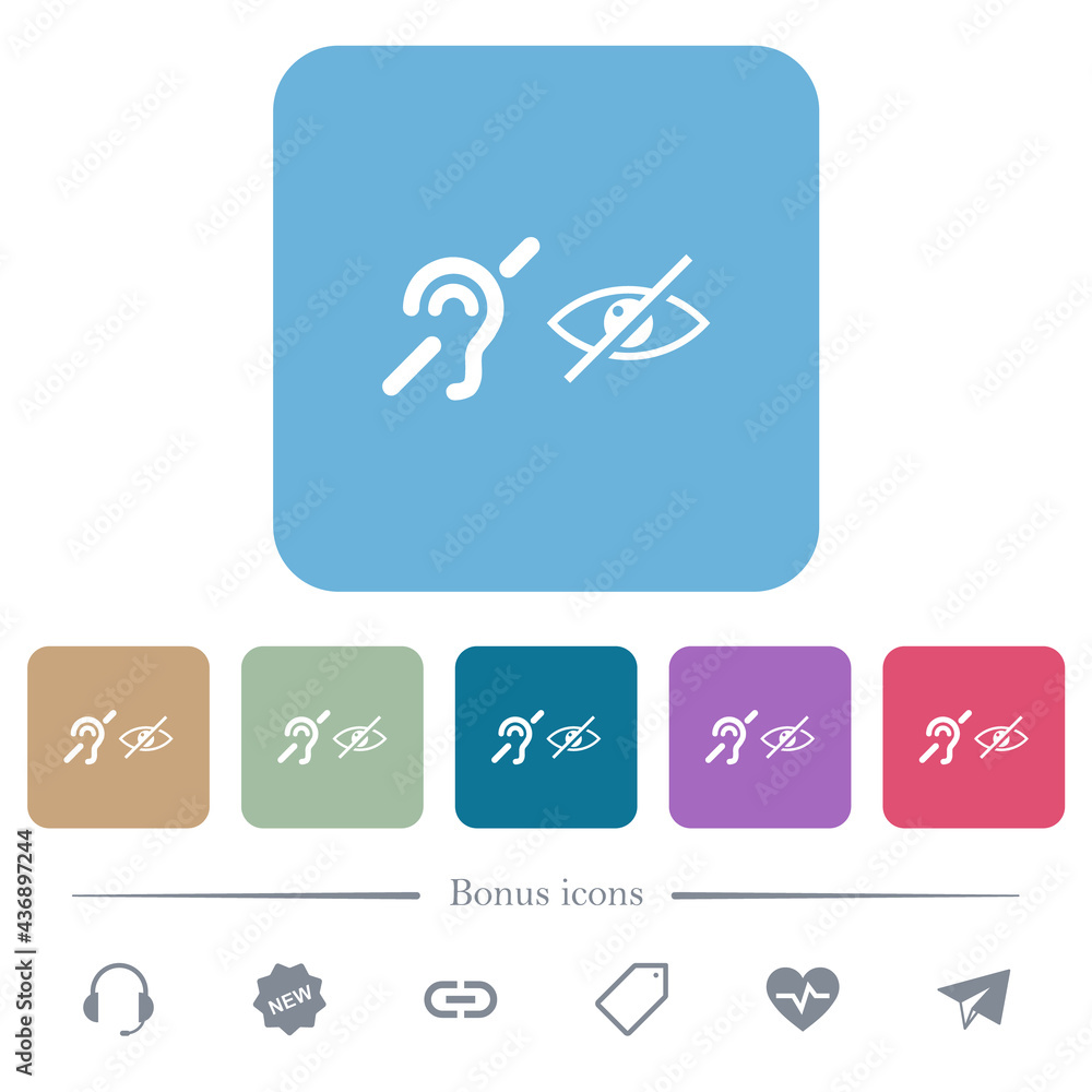 Poster hearing and visually impaired symbols flat icons on color rounded square backgrounds